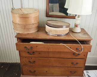 Pine Chest of Drawers, Cheese Boxes, Hand Painted Glass Lamp.