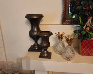 Bronze urns, Crystal and brass pineapple candlesticks
