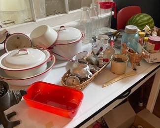 Red rimmed enamel items
