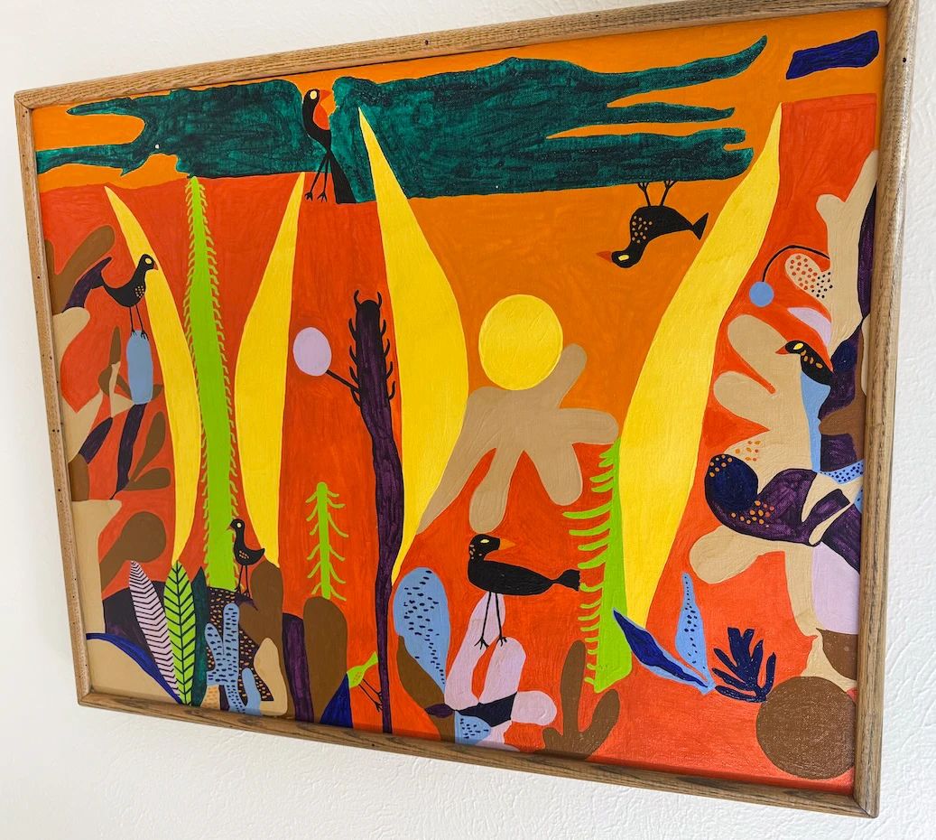 Original quirky + colorful paintings by homeowner, many in style of known artists (Pablo Picasso, Diego Rivera, Charley Harper) + collage art