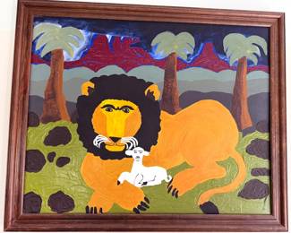 Original quirky + colorful paintings by homeowner, many in style of known artists (Pablo Picasso, Diego Rivera, Charley Harper) + collage art