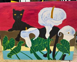 Original quirky + colorful paintings by homeowner, many in style of known artists (Pablo Picasso, Diego Rivera, Charley Harper) + collage art