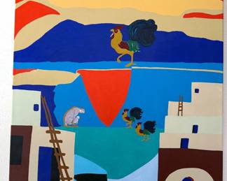Original quirky + colorful paintings by homeowner, many in style of known artists (Pablo Picasso, Diego Rivera, Charley Harper) + collage art