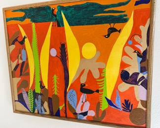 Original quirky + colorful paintings by homeowner, many in style of known artists (Pablo Picasso, Diego Rivera, Charley Harper) + collage art