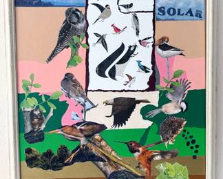 Original quirky + colorful paintings by homeowner, many in style of known artists (Pablo Picasso, Diego Rivera, Charley Harper) + collage art