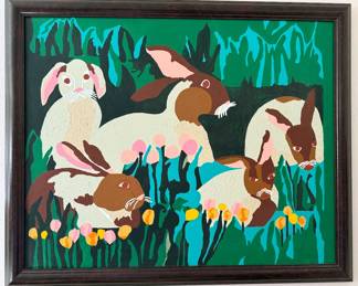 Original quirky + colorful paintings by homeowner, many in style of known artists (Pablo Picasso, Diego Rivera, Charley Harper) + collage art