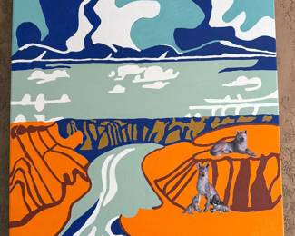 Original quirky + colorful paintings by homeowner, many in style of known artists (Pablo Picasso, Diego Rivera, Charley Harper) + collage art