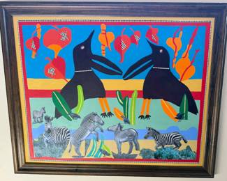 Original quirky + colorful paintings by homeowner, many in style of known artists (Pablo Picasso, Diego Rivera, Charley Harper) + collage art