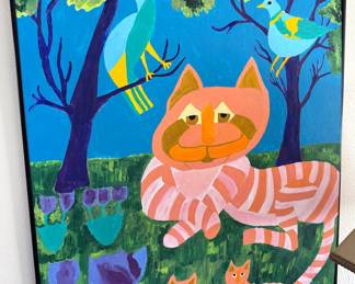 Original quirky + colorful paintings by homeowner, many in style of known artists (Pablo Picasso, Diego Rivera, Charley Harper) + collage art