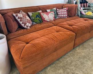 Mid-century modern Stratford sofa bed with two ottoman/storage units in beautiful burnt orange!