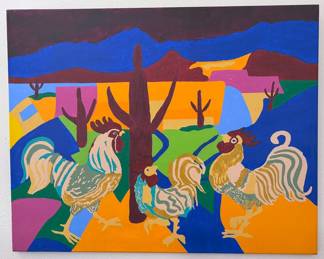 Original quirky + colorful paintings by homeowner, many in style of known artists (Pablo Picasso, Diego Rivera, Charley Harper) + collage art