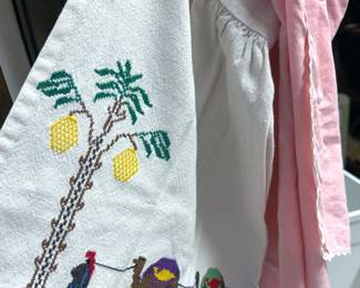 Vintage hand-embroidered camel apron (dishtowels, napkins + tablecloth too)