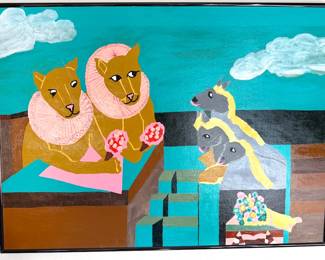 Original quirky + colorful paintings by homeowner, many in style of known artists (Pablo Picasso, Diego Rivera, Charley Harper) + collage art