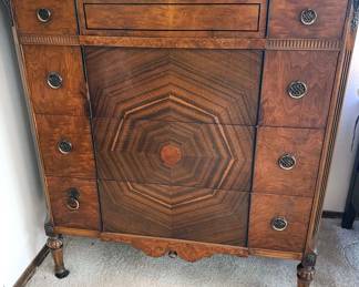 Vintage tree ring wood veneer dresser, twin bed frames with mattresses + vanity