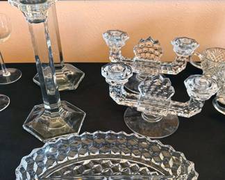 Cut glass bowls, stemware, dishes, butter dish, glasses, platter, pitchers
