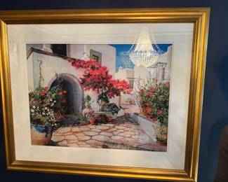 framed watercolor painting by Greek artist Pantelis D. Zografos, depicting a scenic view of Patmos, a Greek island.