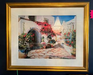 24k Giltwood Framed Watercolor Print Patron 41"x33" Patalos Street 1999 Zografos By Local Greek Artist