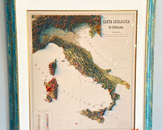 XL map of Italy, custom turquoise and gold leaf frame