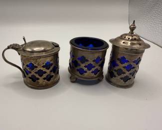 Antique Sterling Set with cobalt glass