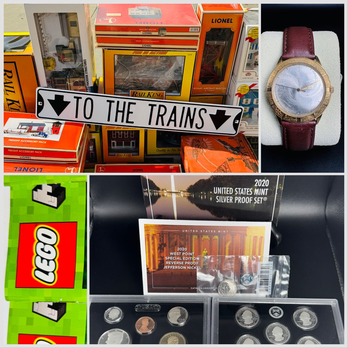 Huge lot of new in box O scale train buildings, 2020silver proof set with reverse proof nickel, some complete lego sets, mechanical watch from zodiac