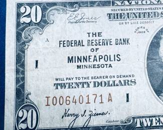 1929 Federal Reserve $20 brown seal note. low number #00640171