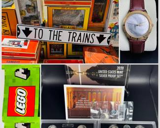 Huge lot of new in box O scale train buildings, 2020silver proof set with reverse proof nickel, some complete lego sets, mechanical watch from zodiac