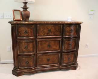 Hooker Beladora nine drawer chest in a dark finish with inlaid accents. 59"long x 22"deep x 42"high.