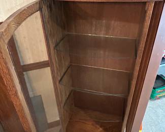 Pair of Antique MCM Curio Cabinets w/ Curvd Glass Door and Glass Shelves