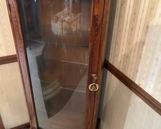 Pair of Antique MCM Curio Cabinets w/ Curvd Glass Door and Glass Shelves