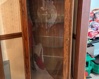 Pair of Antique MCM Curio Cabinets w/ Curvd Glass Door and Glass Shelves