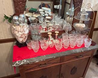 Antique MCM Wood Buffet / Sideboard Cabinet w/ Marble Top and Mirror