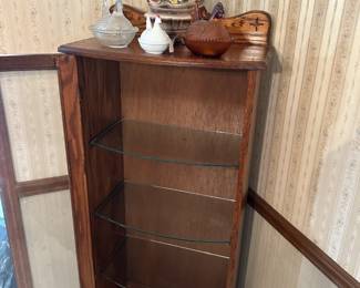 Pair of Antique MCM Curio Cabinets w/ Curvd Glass Door and Glass Shelves