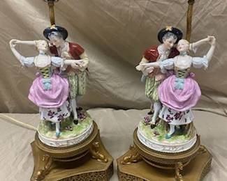 Pr. Hand Painted Porcelain Figure Lamps 