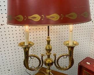 Brass Lamp w/Red Toleware Shade 