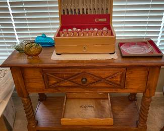 Very nice, solid wood side table, flatware set, and pretty dishes