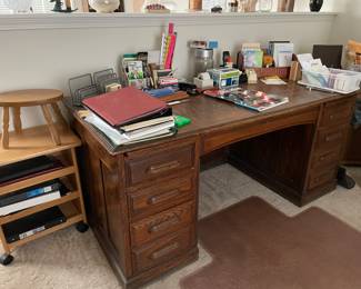 Solid oak desk and lots of office supplies