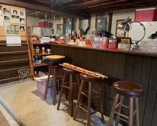 Bar full of stuff, bar stools