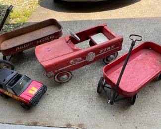 Awesome, vintage wagons, Tonka truck, and pedal car