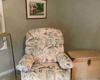 Nice recliner and wicker trunk.