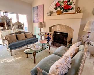 Louis XVI style French loveseats, tempered glass and brass coffee table & lots of other treasures
