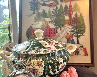 Vintage Kitchen Timer, Floral Design Ceramic Soup Tureen , Pair of Rose Themed Salt & Pepper Shakers