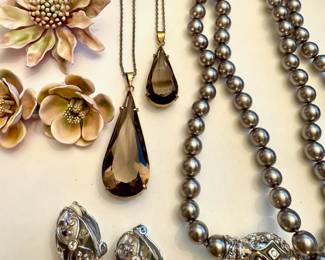 Faux Silver Pearl Necklace and Matching Earrings, Smokey Tone Tear Drop Pendant Necklaces