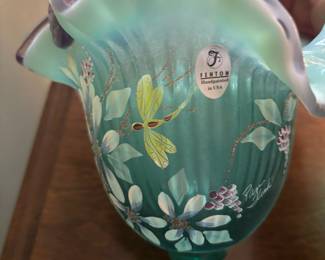 Fenton New Century XXI Turquoise Dragonfly & Floral Hand Painted Basket
