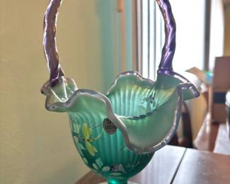 Fenton New Century XXI Turquoise Dragonfly & Floral Hand Painted Basket