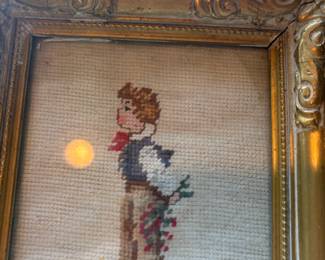 Pair of Framed Courting Girl & Boy Needlepoint Artwork