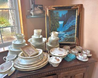 1997 Framed Waterfall Scene Oil Painting Signed by Kellogg, Noritake Floral Pattern Dinner Set, Set of 3 Blue Glass Hobnail Salt Cellars