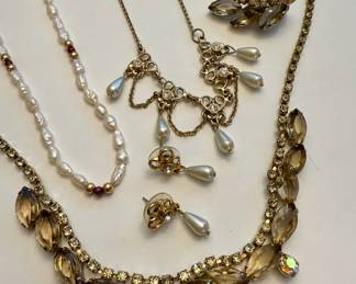 Rhinestone Earrings and Matching Necklace, Faux Pearl Necklace and Matching Earrings, Freshwater Rice Pearl Necklace