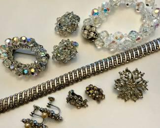 Clear Iridescent Beaded Brooch, Clear Iridescent Earrings, Clear Iridescent Bracelet, Silver Tone Bracelet with Faceted Stones, Clip On Earrings