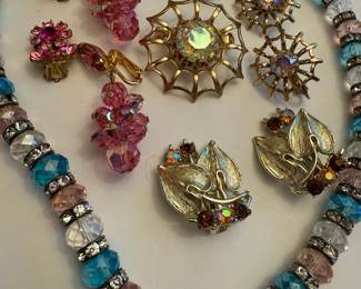 Clear Iridescent Rhinestone Gold Tone Spiderweb Brooch and Matching Earrings, Pink Beaded Dangle Earrings, Pink Rhinestone Earrings, Blue, Clear & Pink Beaded Necklace