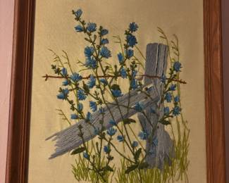 Framed Floral Scene Crewel Embroidery